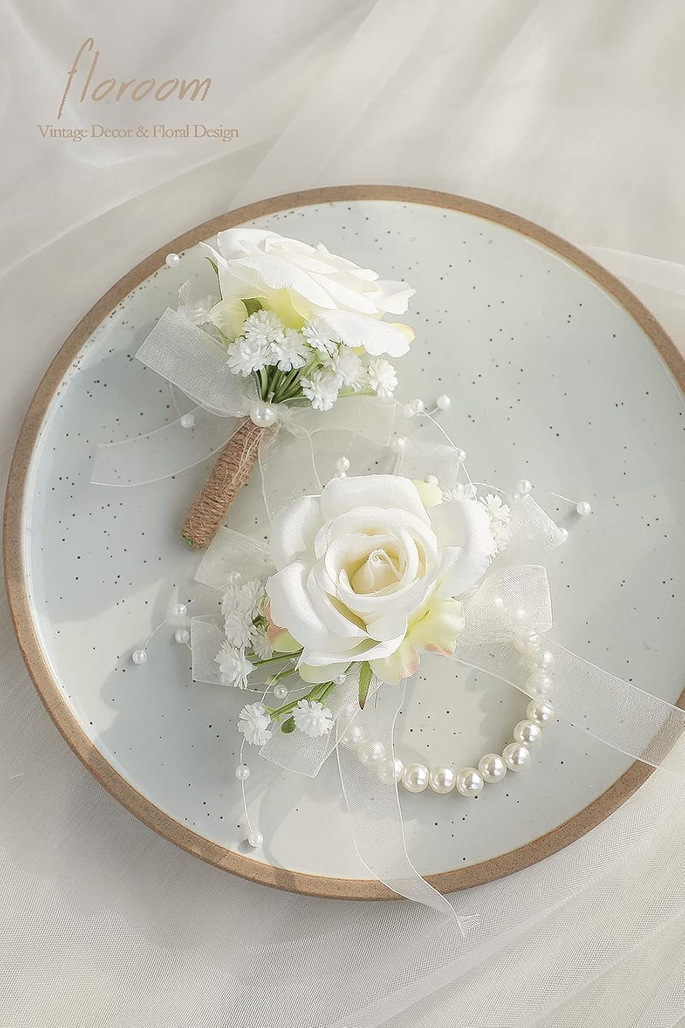 Floroom Ivory Rose Wrist Corsage Bracelet Wristlet Band and Men Boutonniere Set for White Wedding Flower Accessories Prom Suits