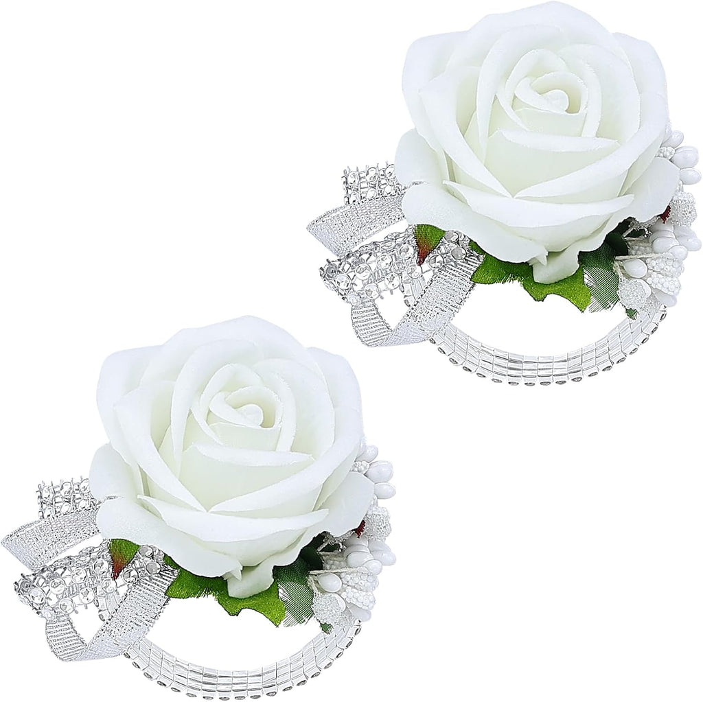 Set of 2 Wrist Corsage Wristlet for Wedding Prom Women Bride Bridesmaid Artificial Rose Flower Decorations Homecoming Anniversary Party (White)
