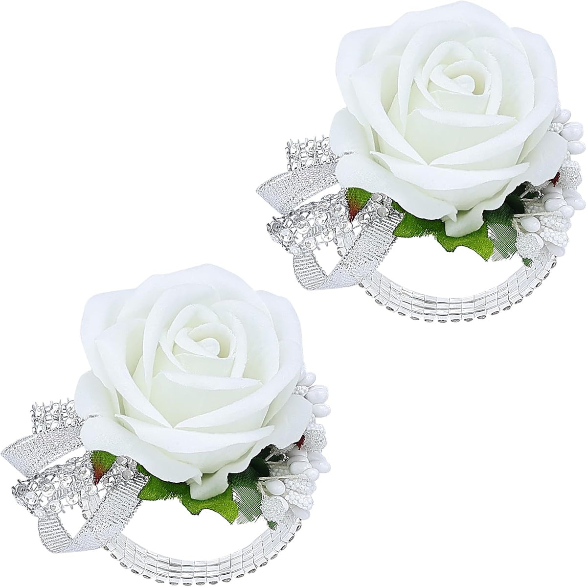 Set of 2 Wrist Corsage Wristlet for Wedding Prom Women Bride Bridesmaid Artificial Rose Flower Decorations Homecoming Anniversary Party (White)