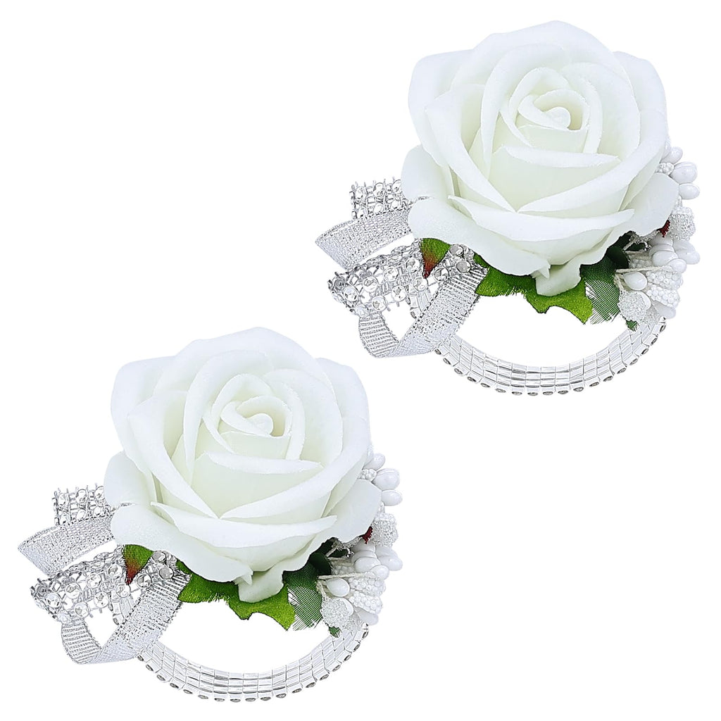 Set of 2 Wrist Corsage Wristlet for Wedding Prom Women Bride Bridesmaid Artificial Rose Flower Decorations Homecoming Anniversary Party (White)
