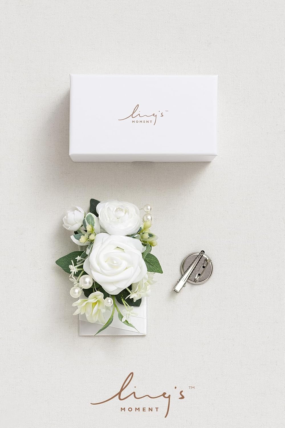 Ling's Moment Boutonniere for Men with Pin, White Ranunculus Ivory, 6"Wx5"H