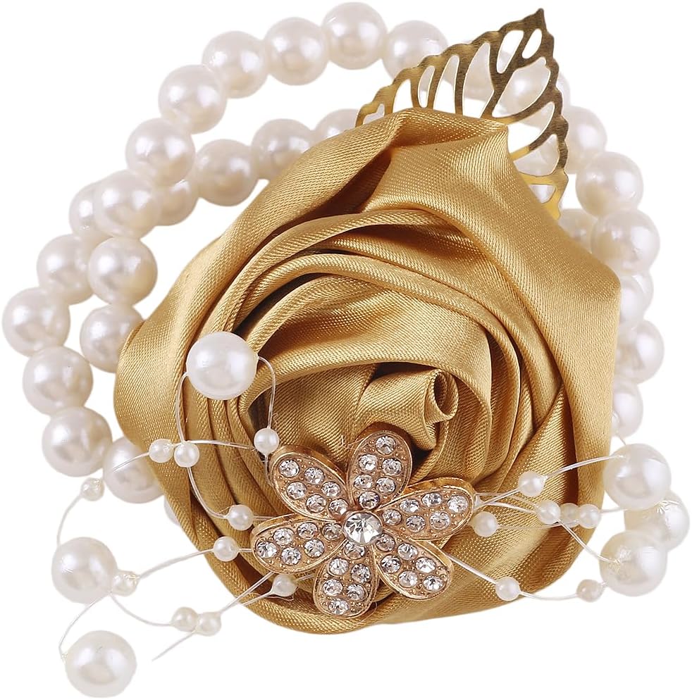 Satin Rose Bridal Wrist Corsage with Pearl Beads and Rhinestones, Elegant Wedding Corsage for Bridesmaids and Prom (Ivory)