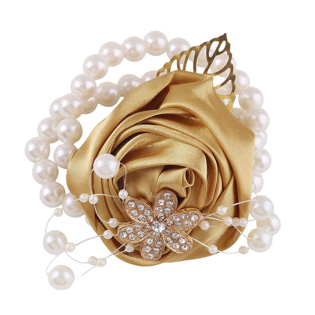 Satin Rose Bridal Wrist Corsage with Pearl Beads and Rhinestones, Elegant Wedding Corsage for Bridesmaids and Prom (Ivory)