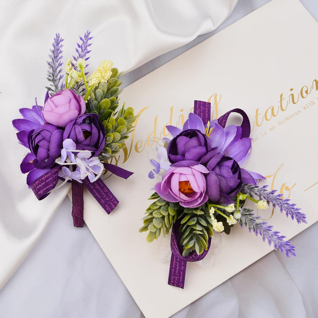 Wrist Corsage and Boutonniere Set, 1 Set Small Rose Purple Hand Flower for Prom Artificial Wedding Wrist Corsage for Wedding Party Prom