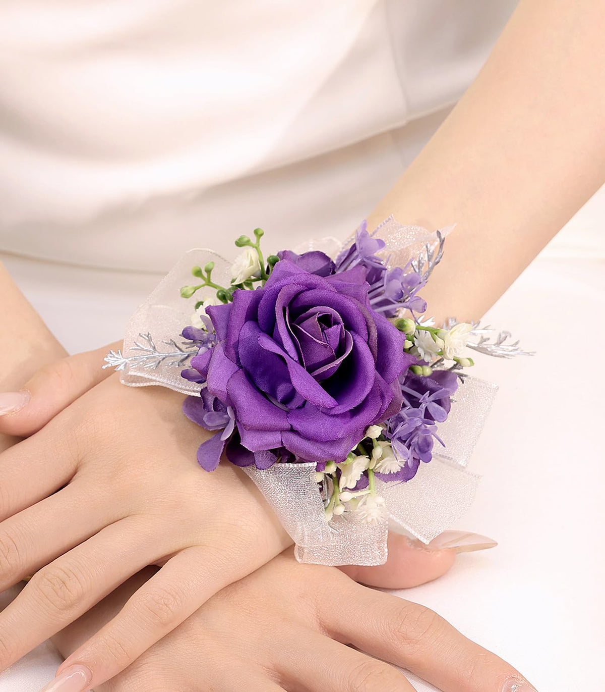 Bethynas Bridal Prom Rose Wrist Corsage Artificial Flower Pearl Wristlet Bridesmaid Hand Flower Bracelet Wristband for Wedding Ceremony Party (Pearl Flower - White)