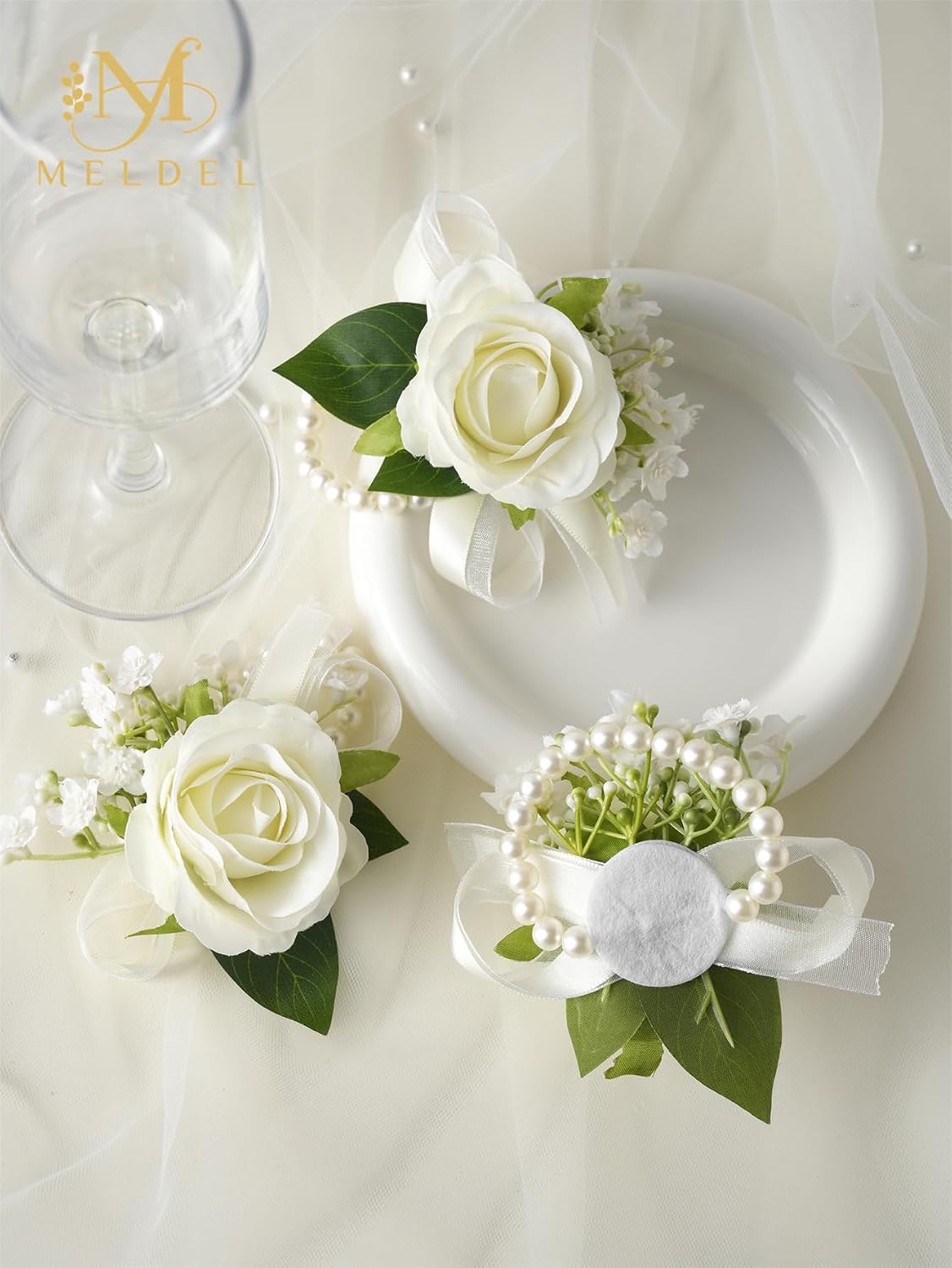 6Pcs Ivory White Faux Rose Wrist Corsages for Wedding, Dance Party