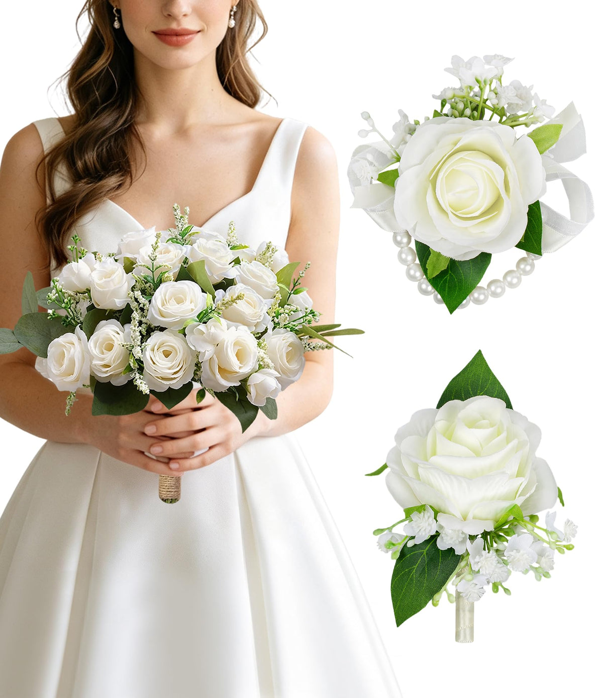 6Pcs Ivory White Faux Rose Wrist Corsages for Wedding, Dance Party