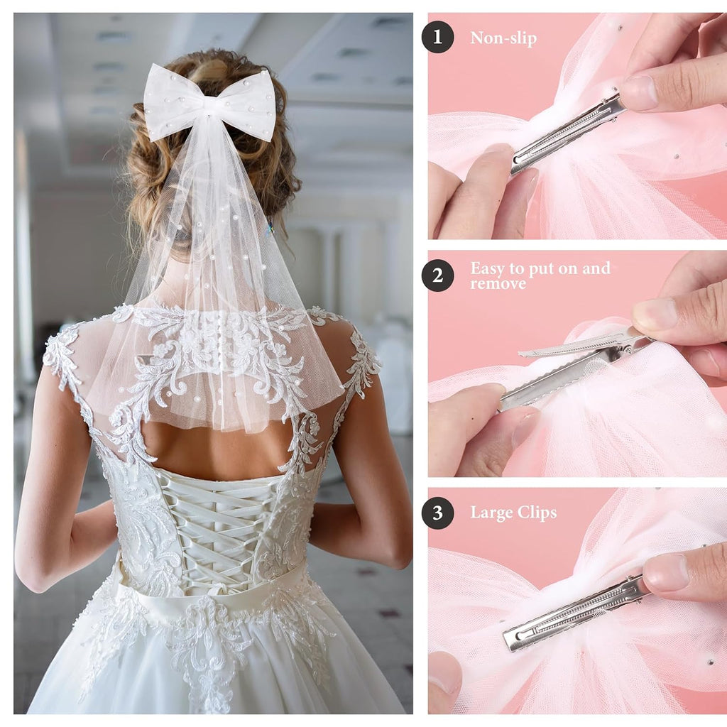 Bridal Veil Hair Clip with Pearls, Bow Hair Veil for Bachelorette Party, Wedding Accessory for Women
