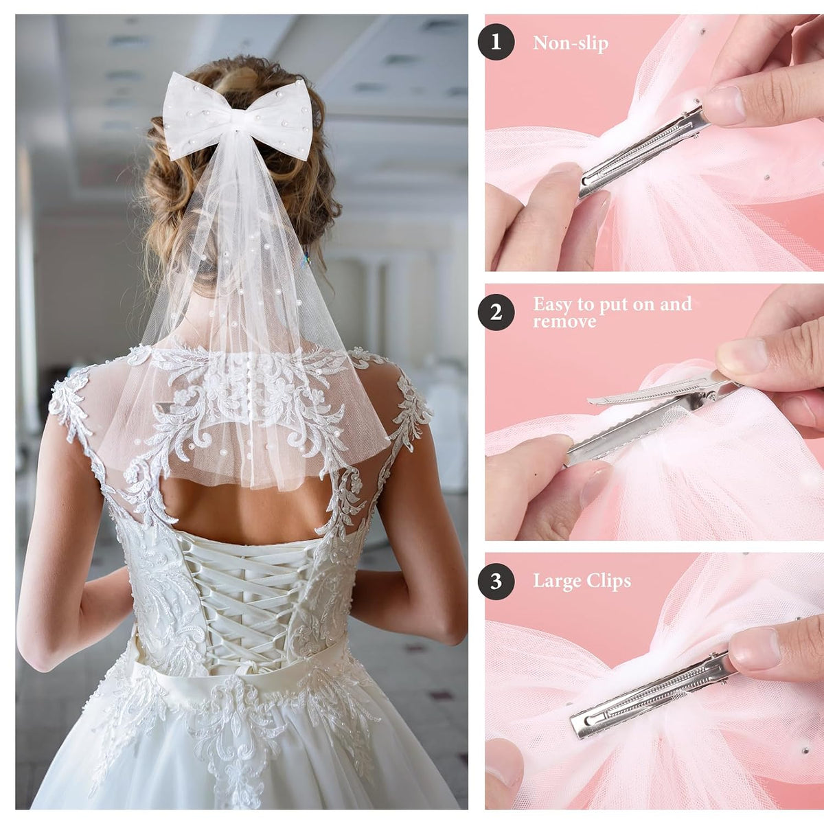Bridal Veil Hair Clip with Pearls, Bow Hair Veil for Bachelorette Party, Wedding Accessory for Women