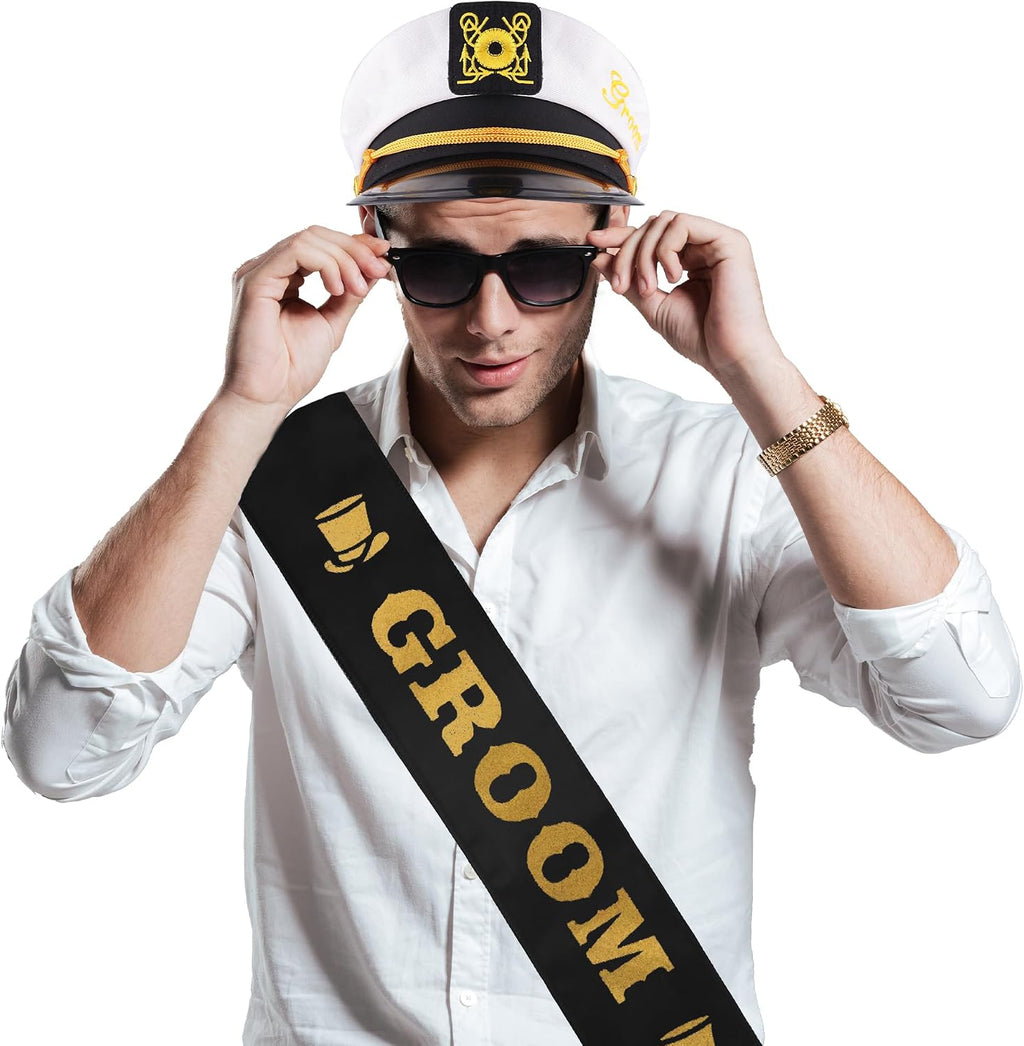 Bachelor Party Captain's Hat, Glasses, Sash Set - Groom To Be Accessories Set Includes Captain's Hat Groom Sunglasses Groom Sash Funny Bridal Shower Groomsman Wedding Gifts Favors Decor Decorations