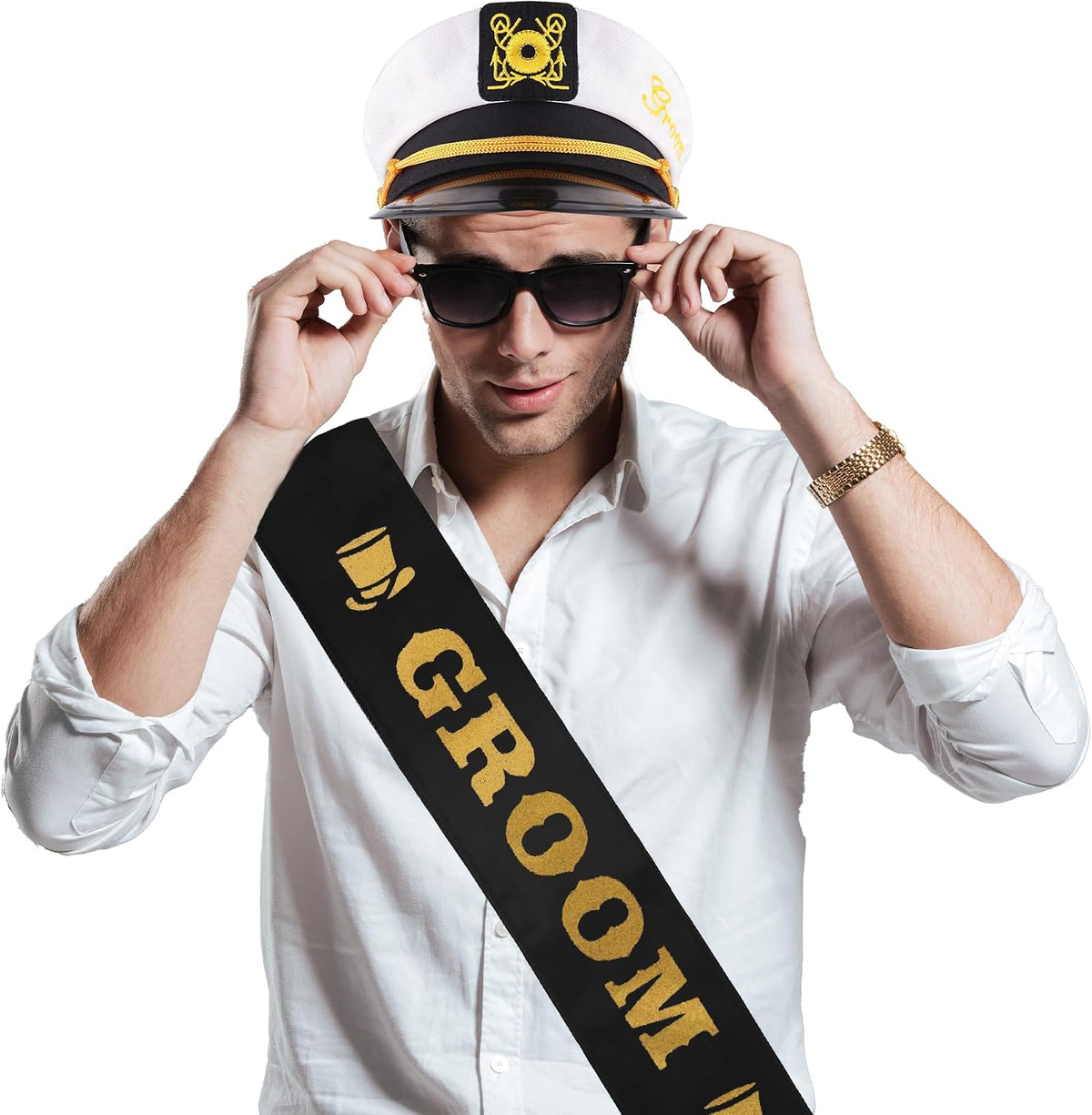 Bachelor Party Captain's Hat, Glasses, Sash Set - Groom To Be Accessories Set Includes Captain's Hat Groom Sunglasses Groom Sash Funny Bridal Shower Groomsman Wedding Gifts Favors Decor Decorations