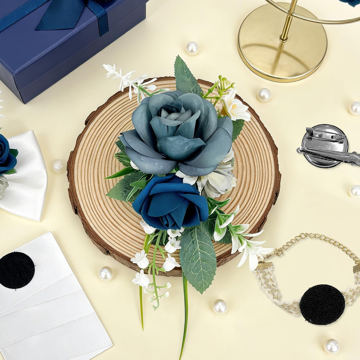 Blue Rose Boutonniere for Men - Single Pocket Pin, 6.7"x4"