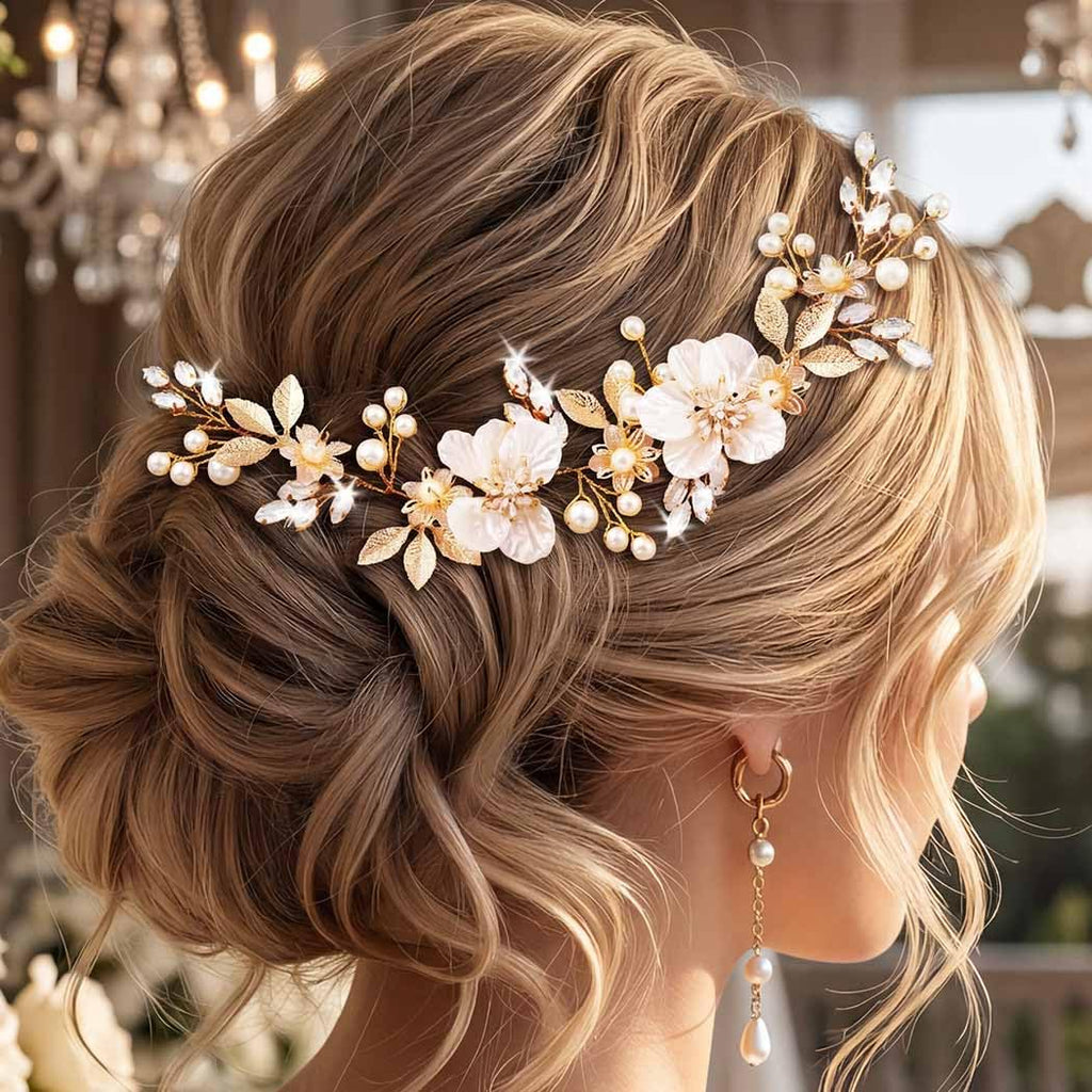 Flower Wedding Hair Pieces Gold Rhinestone Hair Vine Bridal Hair Accessories for Women and Brides