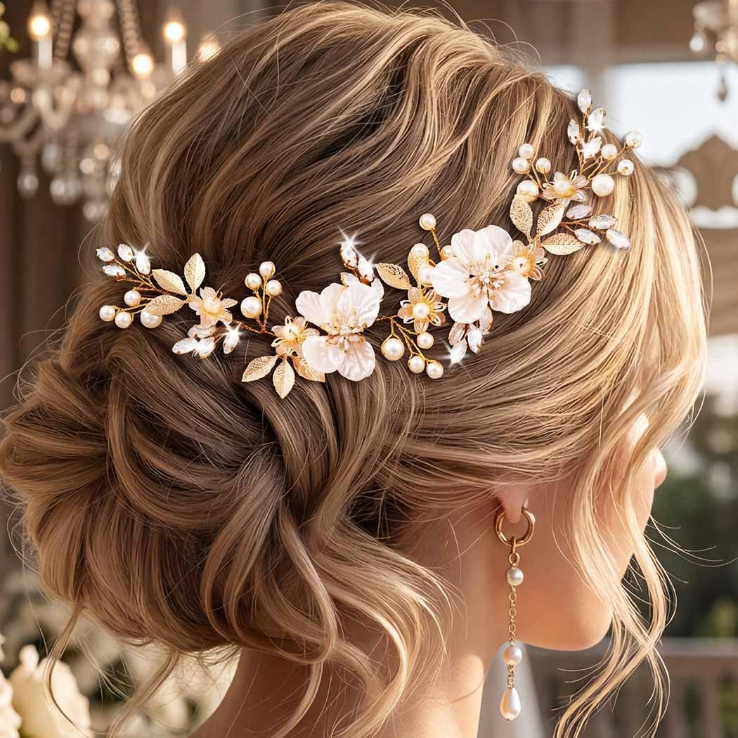 Flower Wedding Hair Pieces Gold Rhinestone Hair Vine Bridal Hair Accessories for Women and Brides