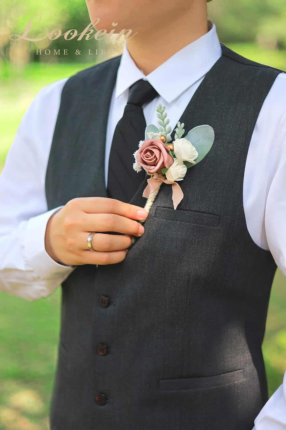 Lookein Set of 2 Wedding Boutonniere for Men Artificial Flowers Wedding Groom Groomsmen Boutonniere for Wedding Ceremony Anniversary Formal Dinner Party, Dusty Rose