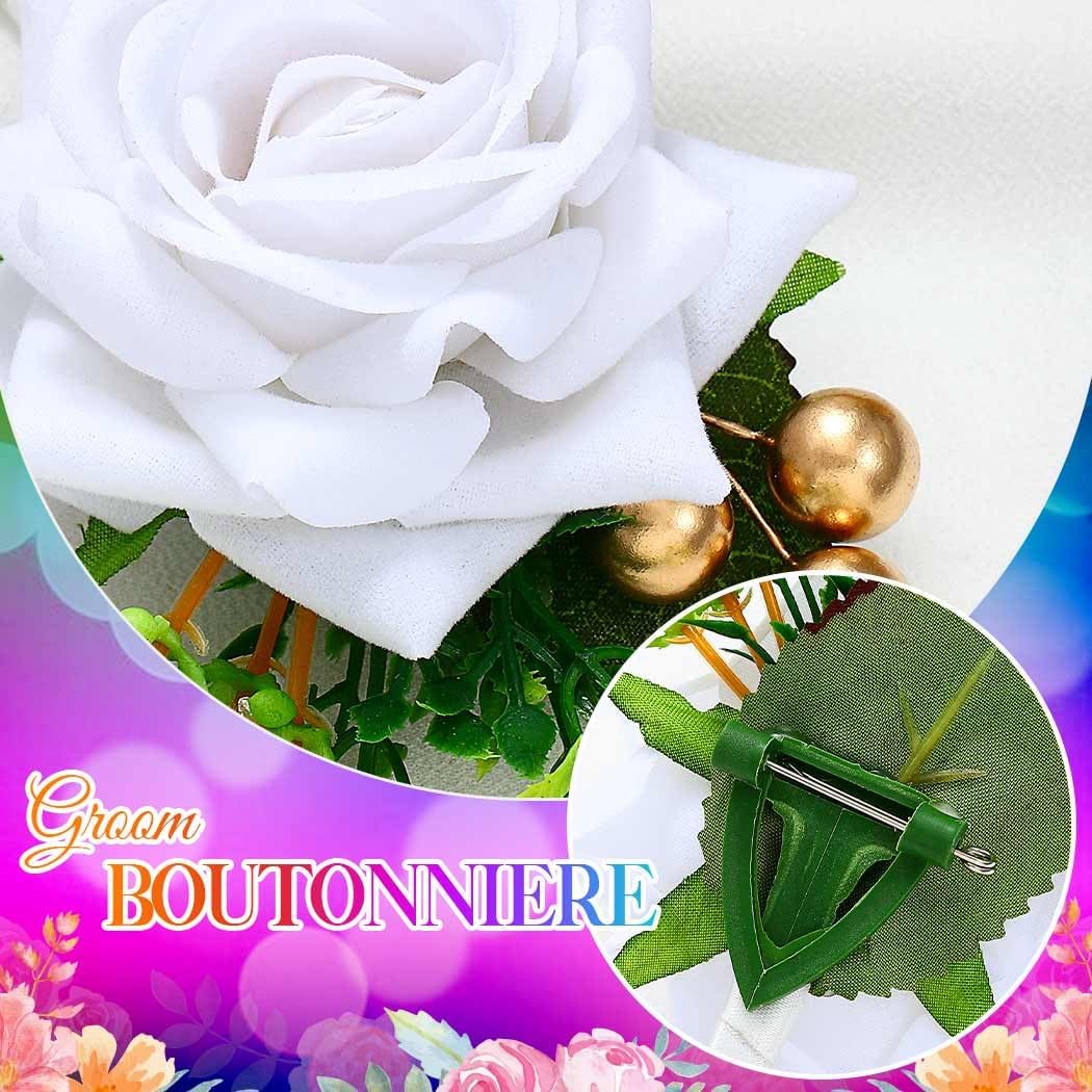 White Rose Boutonniere for Men Wedding Artificial Flower Boutonniere with Gold Beads for Groom Groomsmen Prom (White)