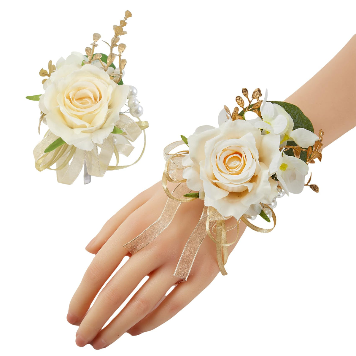 6Pcs Ivory White Faux Rose Wrist Corsages for Wedding, Dance Party