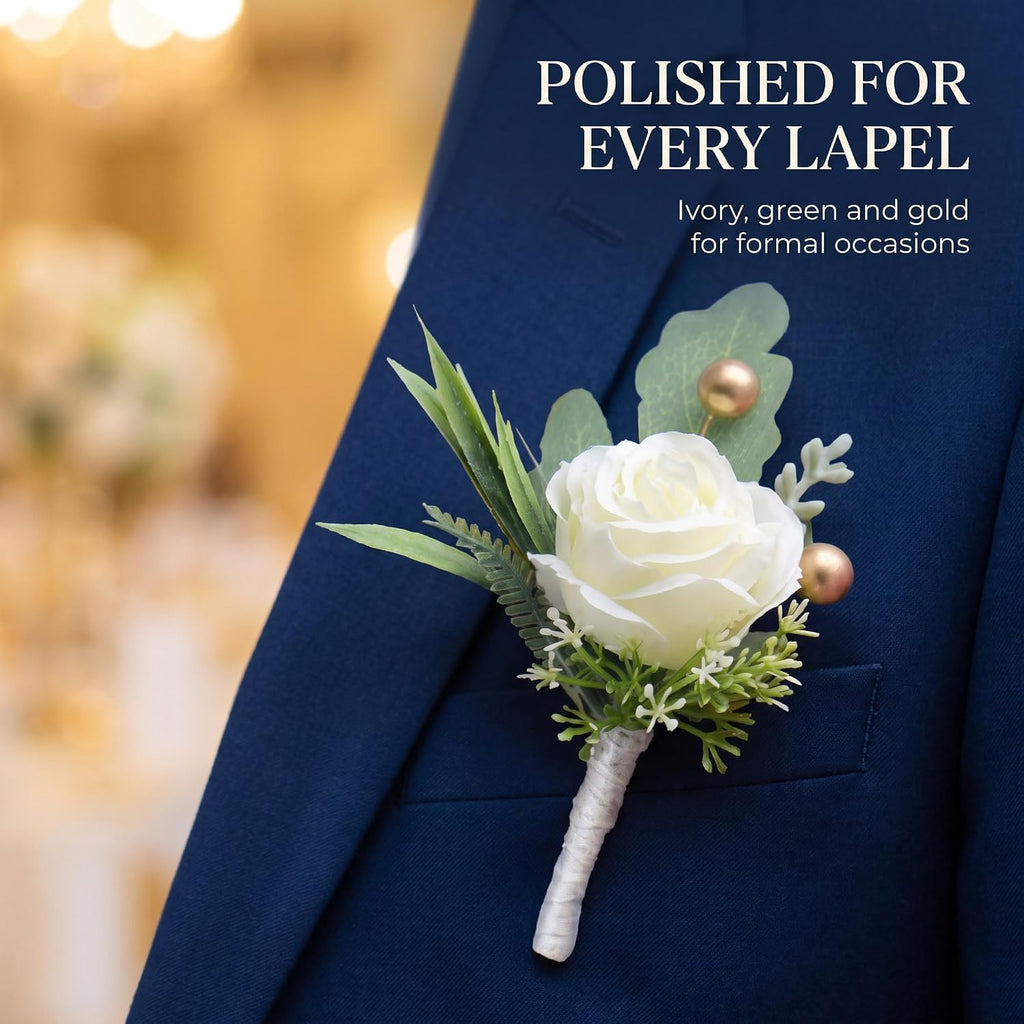 Jowxsx 2Pcs Roses Boutonniere for Men Wedding, Groom Groomsman Artificial White Rose Flowers with pins for Wedding Anniversary Celebration,Prom,Party,Home Decoration Artificial Flowers