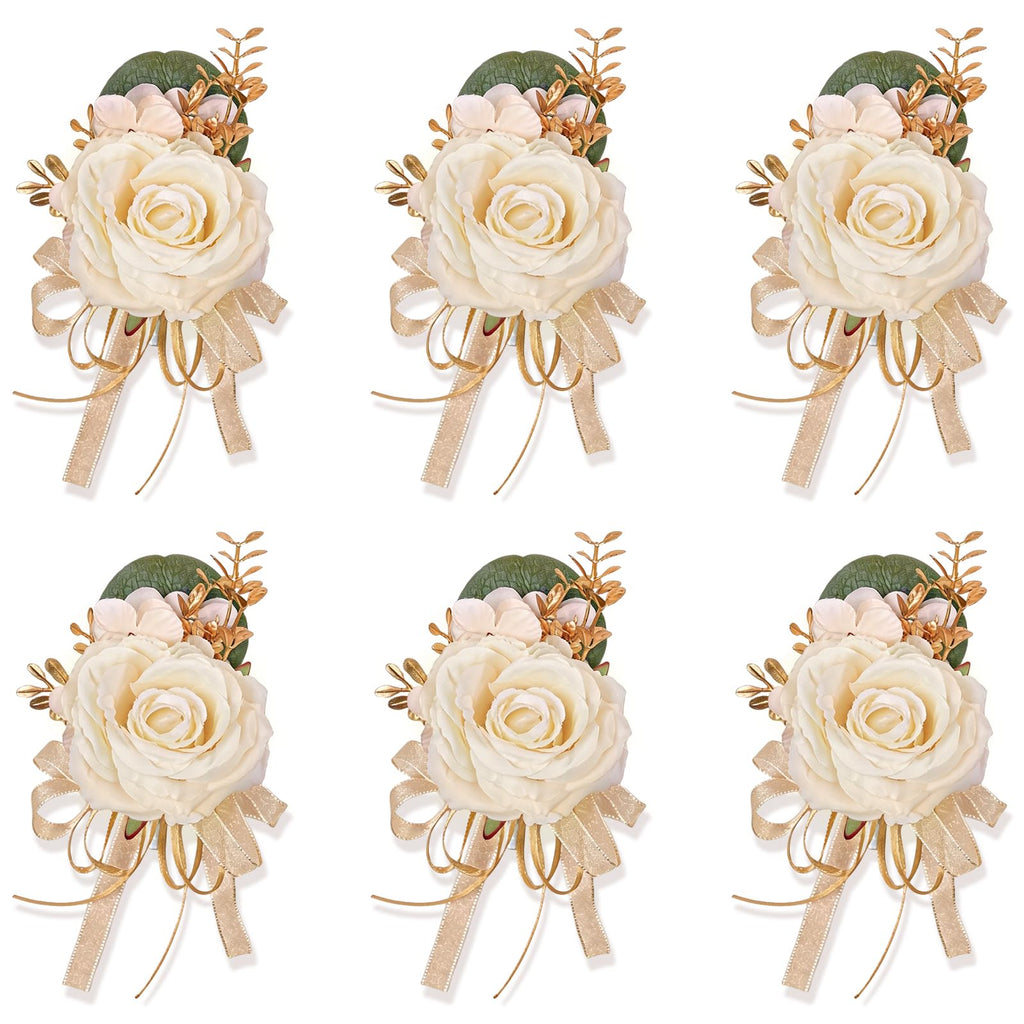 Artificial Champagne Rose Wrist Corsages Set 6Pcs for Wedding Party