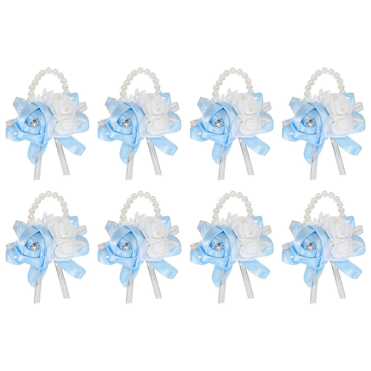 MECCANIXITY 12Pcs Wrist Corsage Artificial Flower Bracelets Rose Wrist Bride Groom Decorative for Wedding Ceremony Prom Party Anniversary Sky Blue