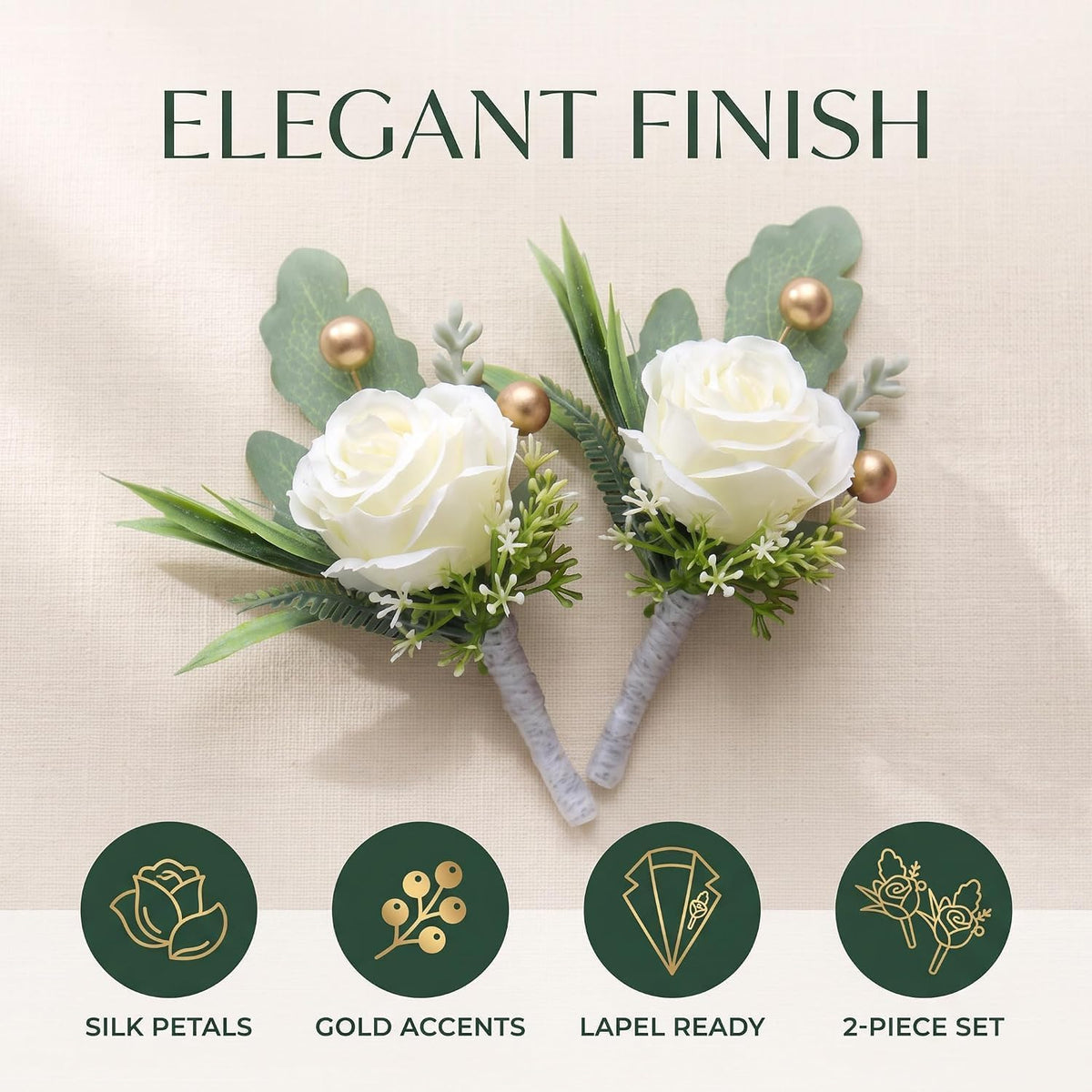 Jowxsx 2Pcs Roses Boutonniere for Men Wedding, Groom Groomsman Artificial White Rose Flowers with pins for Wedding Anniversary Celebration,Prom,Party,Home Decoration Artificial Flowers
