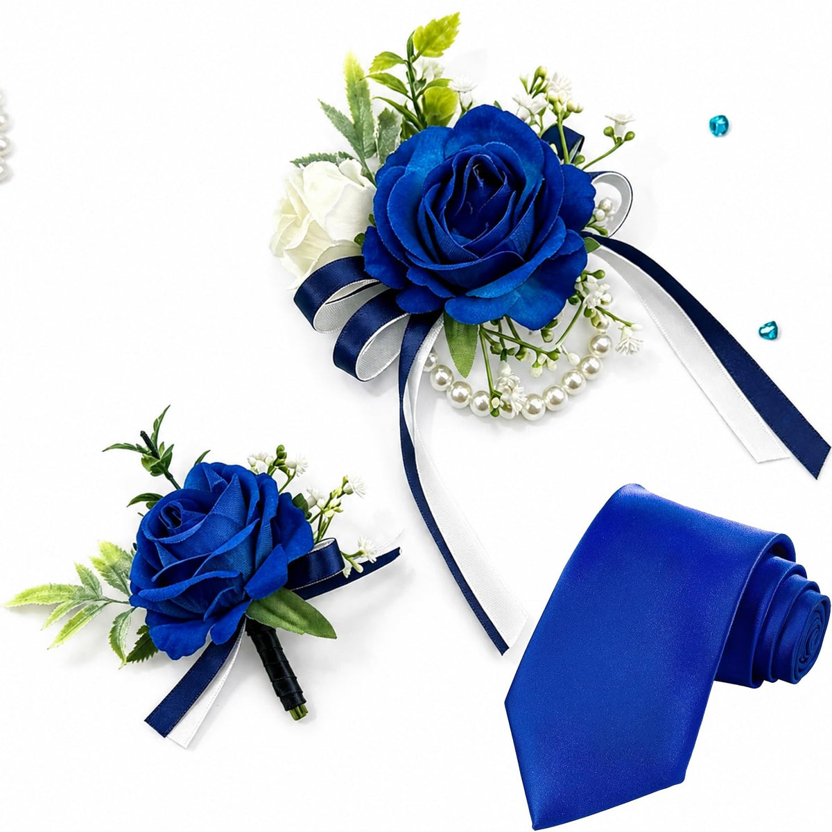 YIXAXKAO Prom Corsage and Boutonniere Set Prom Wrist Corsage and Boutonniere Artificial Rose Flowers Accessories Corsage Wristlet Band Bracelet with Solid Color Ties for Prom 2026 Decor (Light Blue)