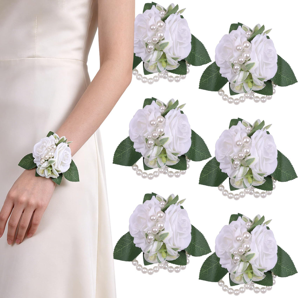 Women Champagne Faux Rose Wrist Corsages Set 6Pcs for Wedding Prom