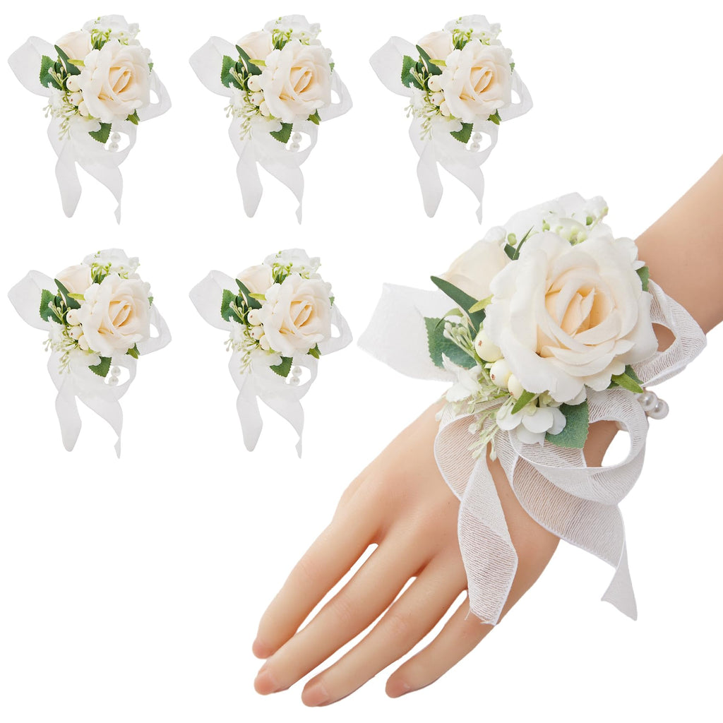 6Pcs White Artificial Silk Rose Wrist Corsages Wedding Prom