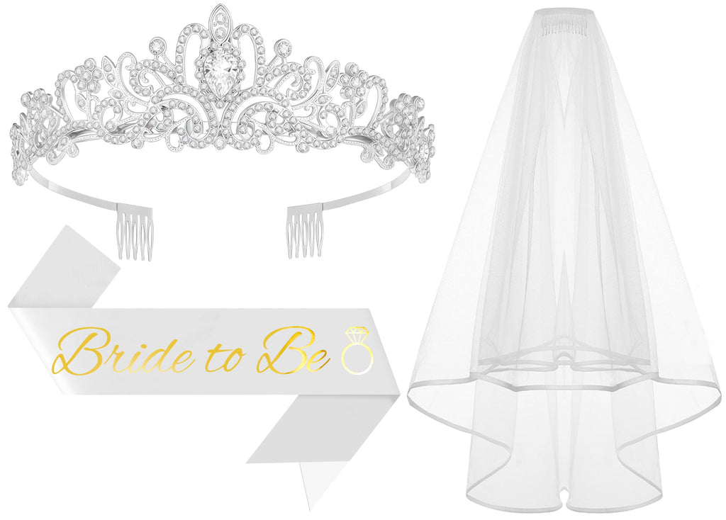 3Pcs Bride to Be Crown with Sash and Veil for Bachelorette Party Decorations, Bridal Shower Accessories for Gift, Favors