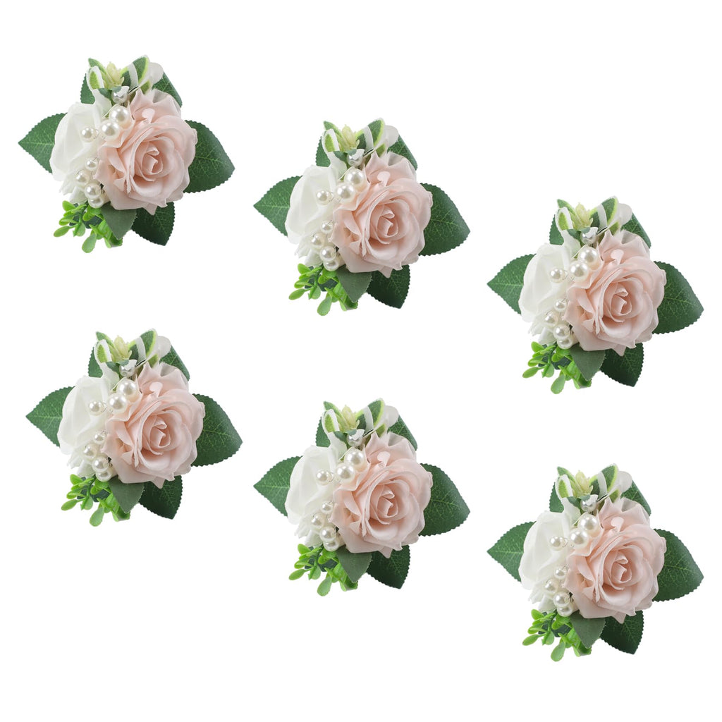 6Pcs Ivory White Faux Rose Wrist Corsages for Wedding, Dance Party