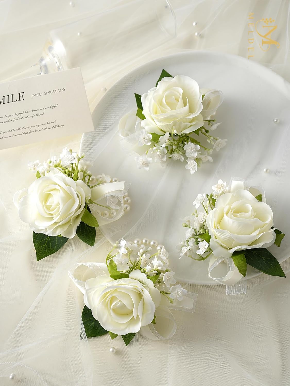 6Pcs Ivory White Faux Rose Wrist Corsages for Wedding, Dance Party
