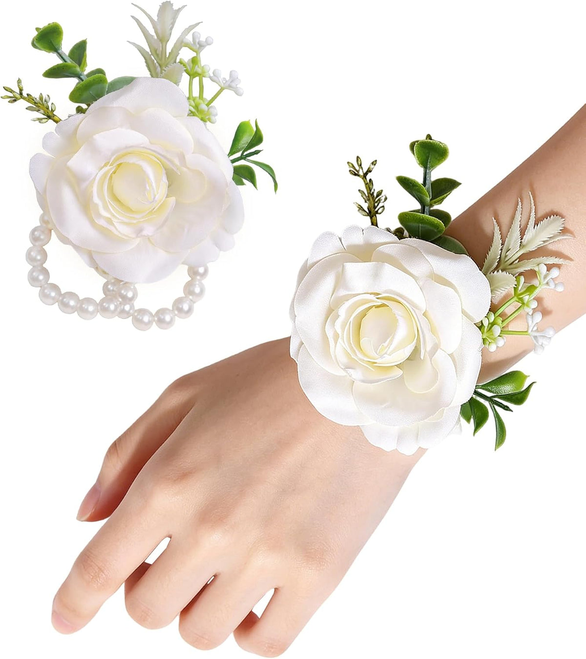 2Pcs White Silk Rose Wrist Corsages for Women Wedding Prom Party