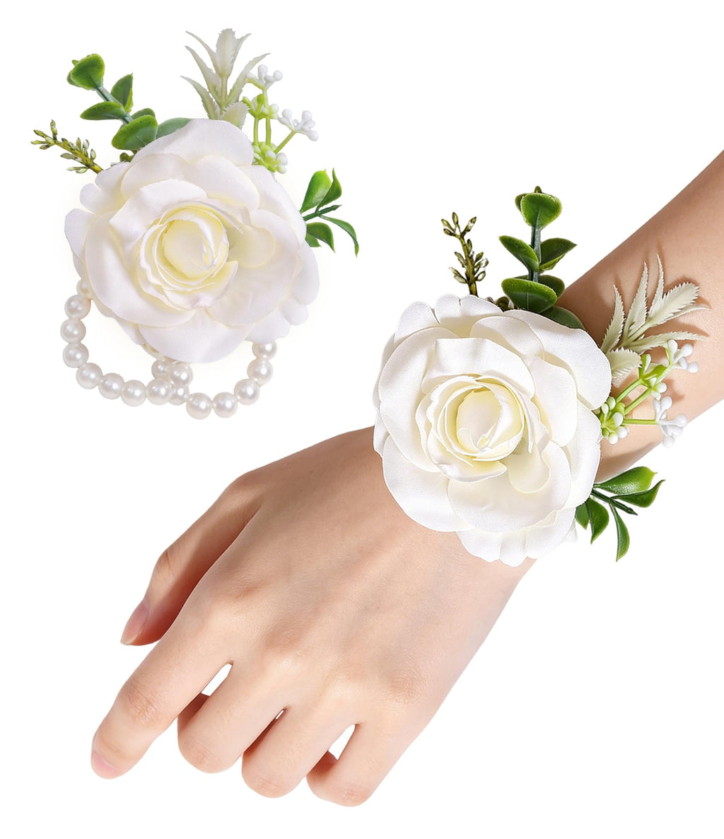 6Pcs Ivory White Rose Wrist Corsage for Women Wedding Prom Party