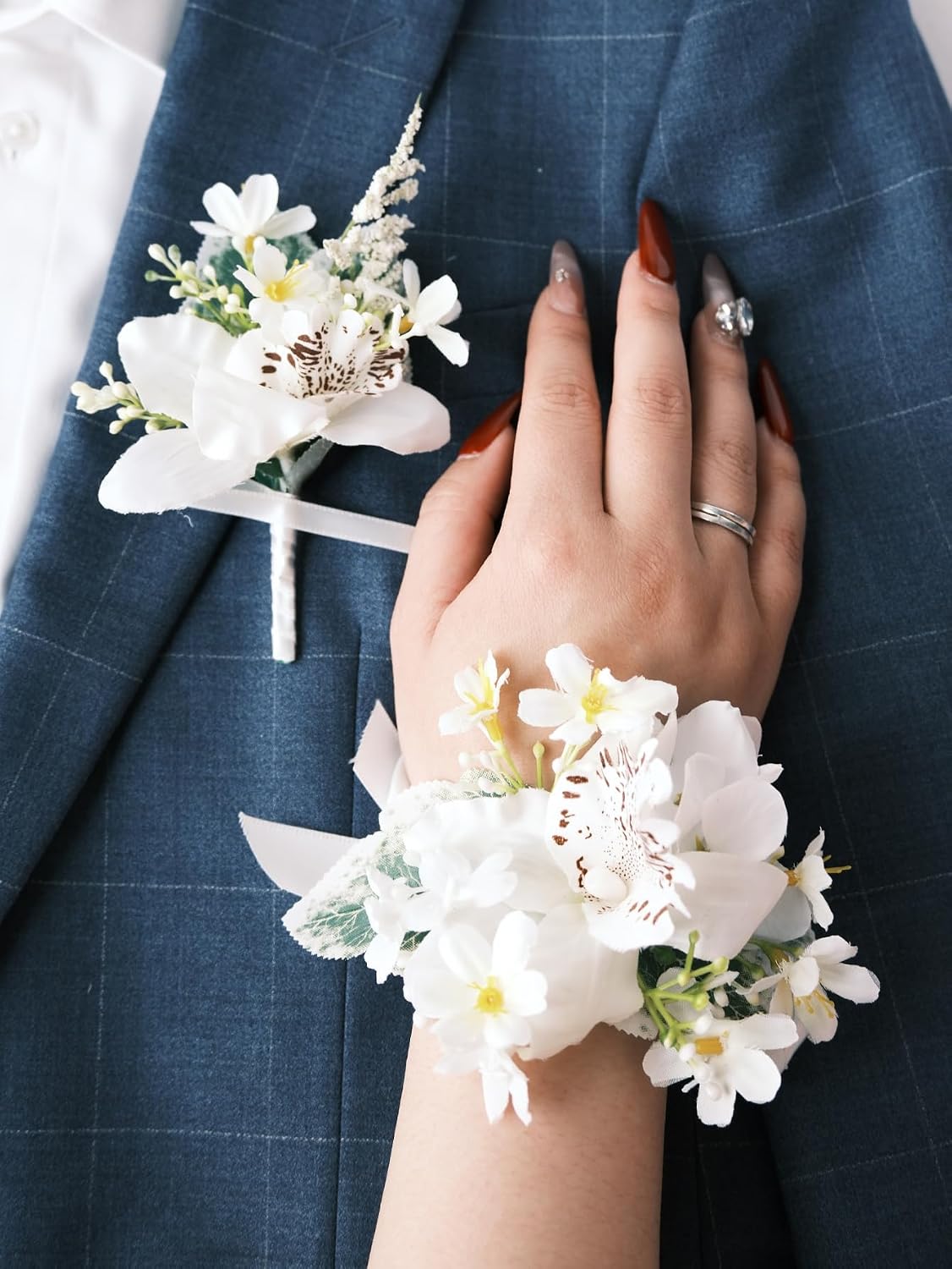 White Rose Wrist Corsage and Boutonniere Set with Ribbon Ties Wedding Prom Formal Accessories (White Style 3)