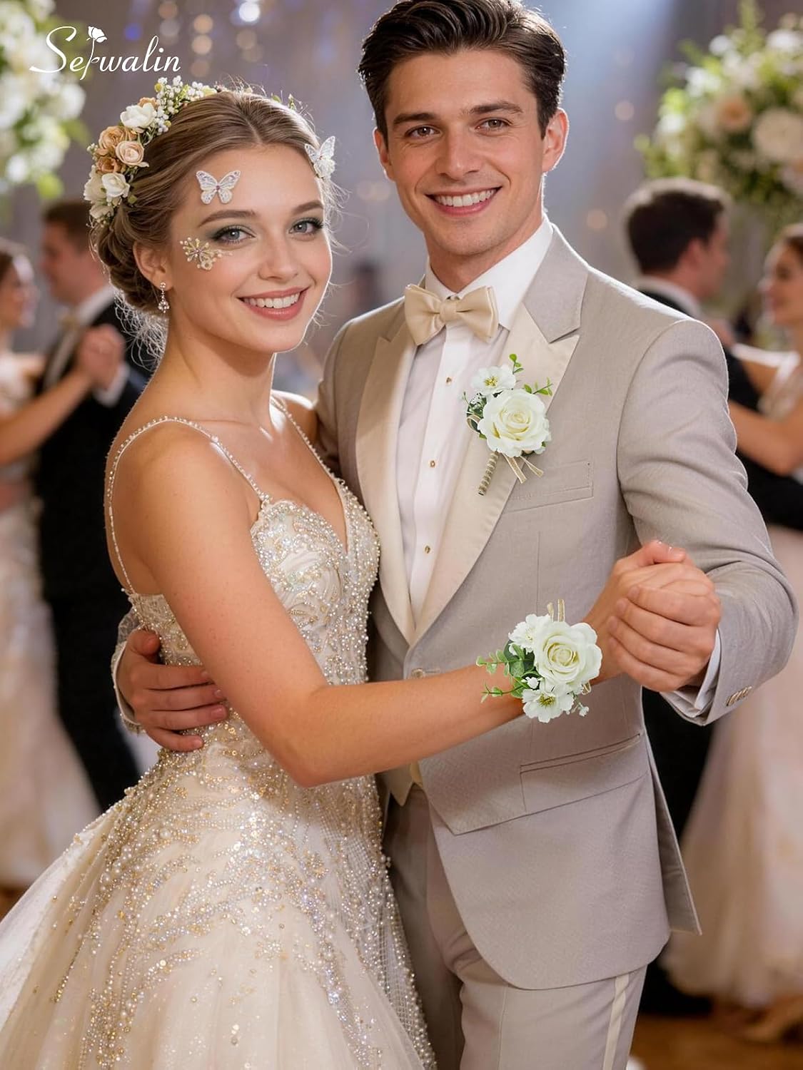 Serwalin Ivory White Rose Corsage and Boutonniere Set for Wedding Prom