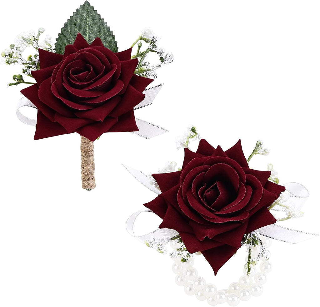 2Pcs Burgundy Rose Corsage and Boutonniere Set, Wrist Corsage with Double Pearl Bracelet and Boutonniere for Men with Pin Clip for Wedding Prom Homecoming Party Suit Decorations