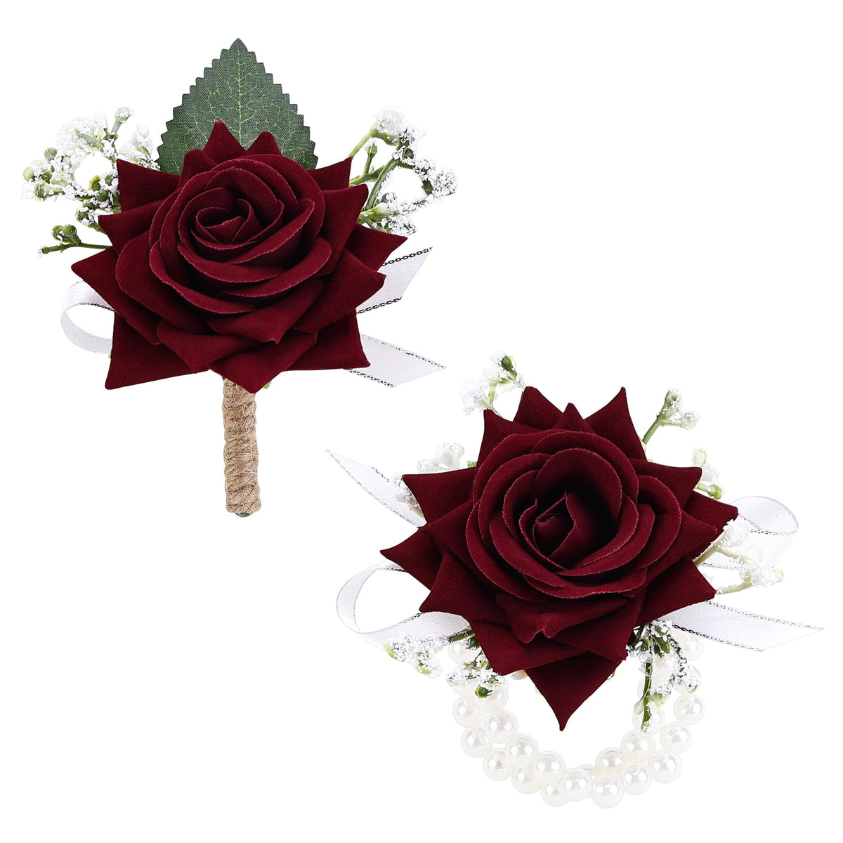 2Pcs Burgundy Rose Corsage and Boutonniere Set, Wrist Corsage with Double Pearl Bracelet and Boutonniere for Men with Pin Clip for Wedding Prom Homecoming Party Suit Decorations