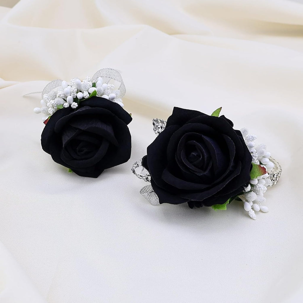 2Pcs Black Rose Corsage and Men Boutonniere Set Women Wristlet Band Wrist Bracelets, for Prom Wedding Ceremony Flowers Decorations and Homecoming Party Accessories