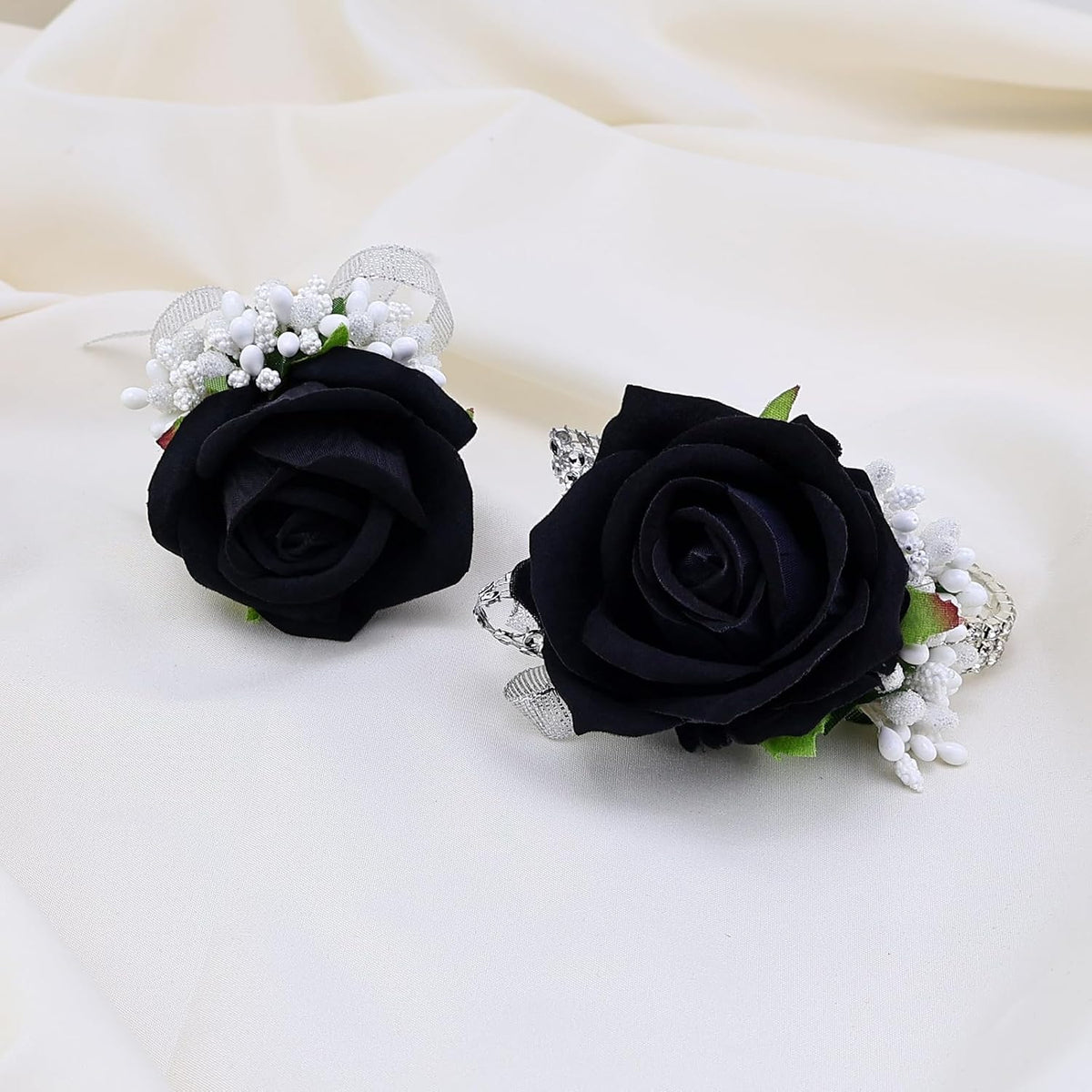2Pcs Black Rose Corsage and Men Boutonniere Set Women Wristlet Band Wrist Bracelets, for Prom Wedding Ceremony Flowers Decorations and Homecoming Party Accessories
