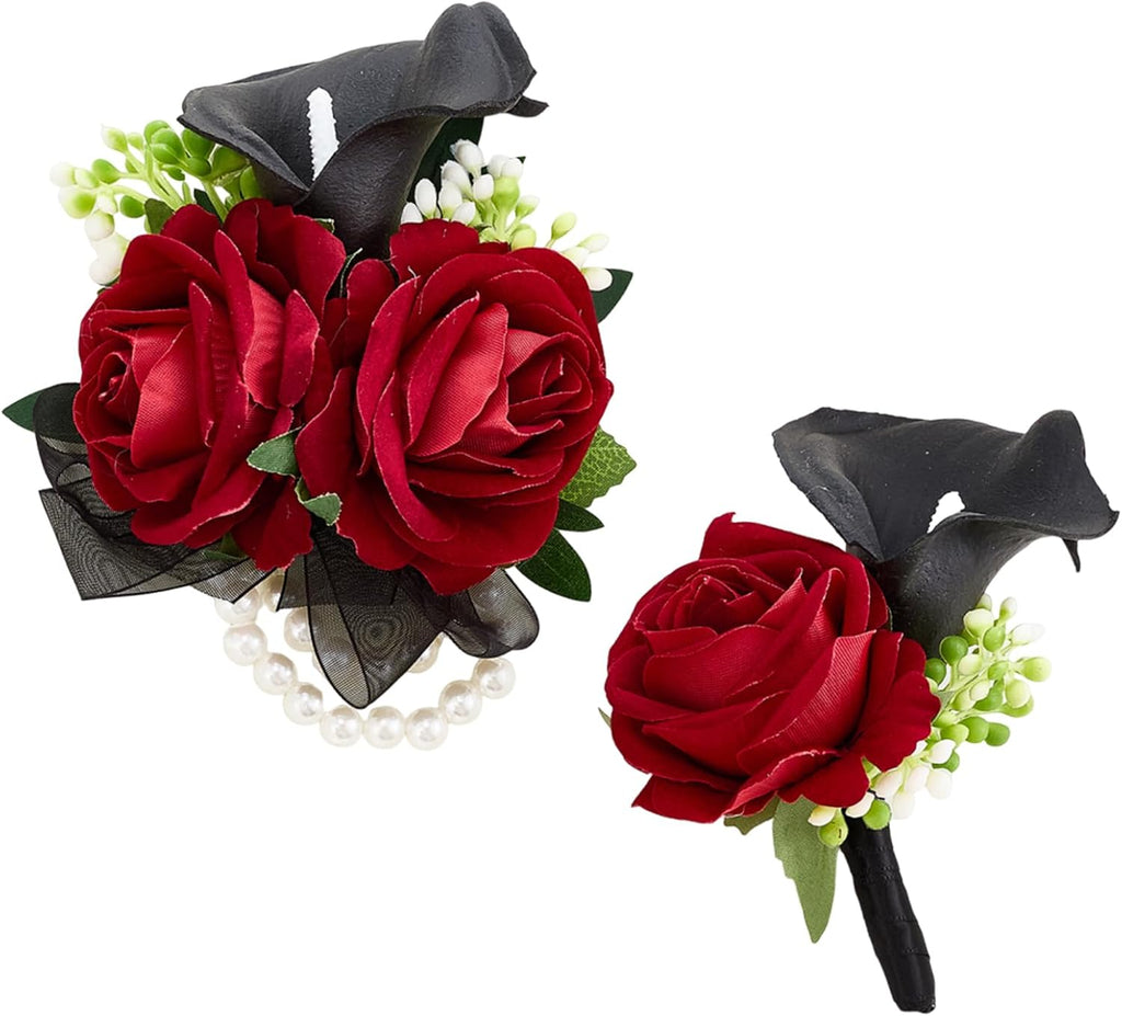 Red Rose Wrist Corsage Wristlet Band Bracelet and Boutonniere Set for Men Women Red Wedding Flower Prom Suit Accessories