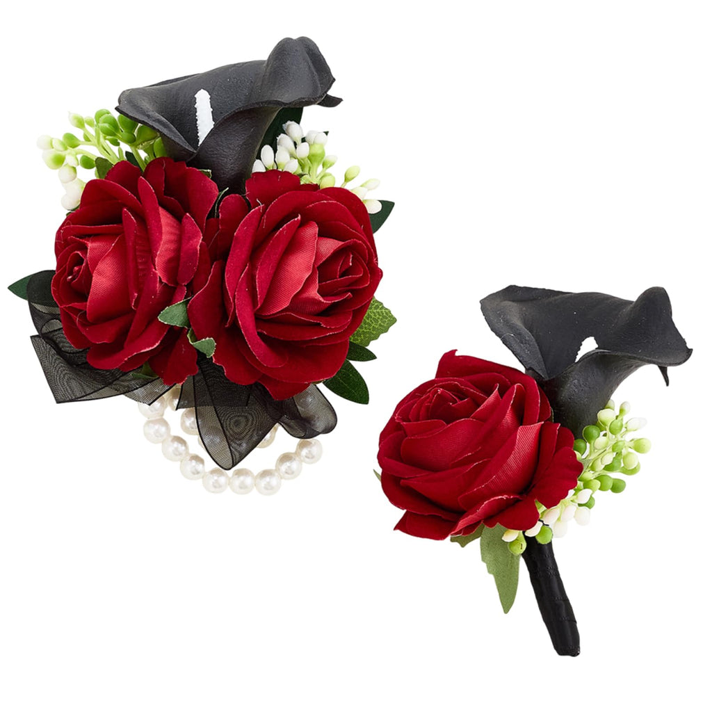 Red Rose Wrist Corsage Wristlet Band Bracelet and Boutonniere Set for Men Women Red Wedding Flower Prom Suit Accessories