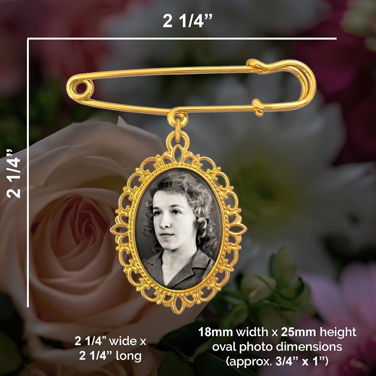 Gold Wedding Bouquet Photo Charm Pin for Bridal Bouquet or Boutonniere Memorial for Mother Father of The Bride or Groom Wedding Accessory