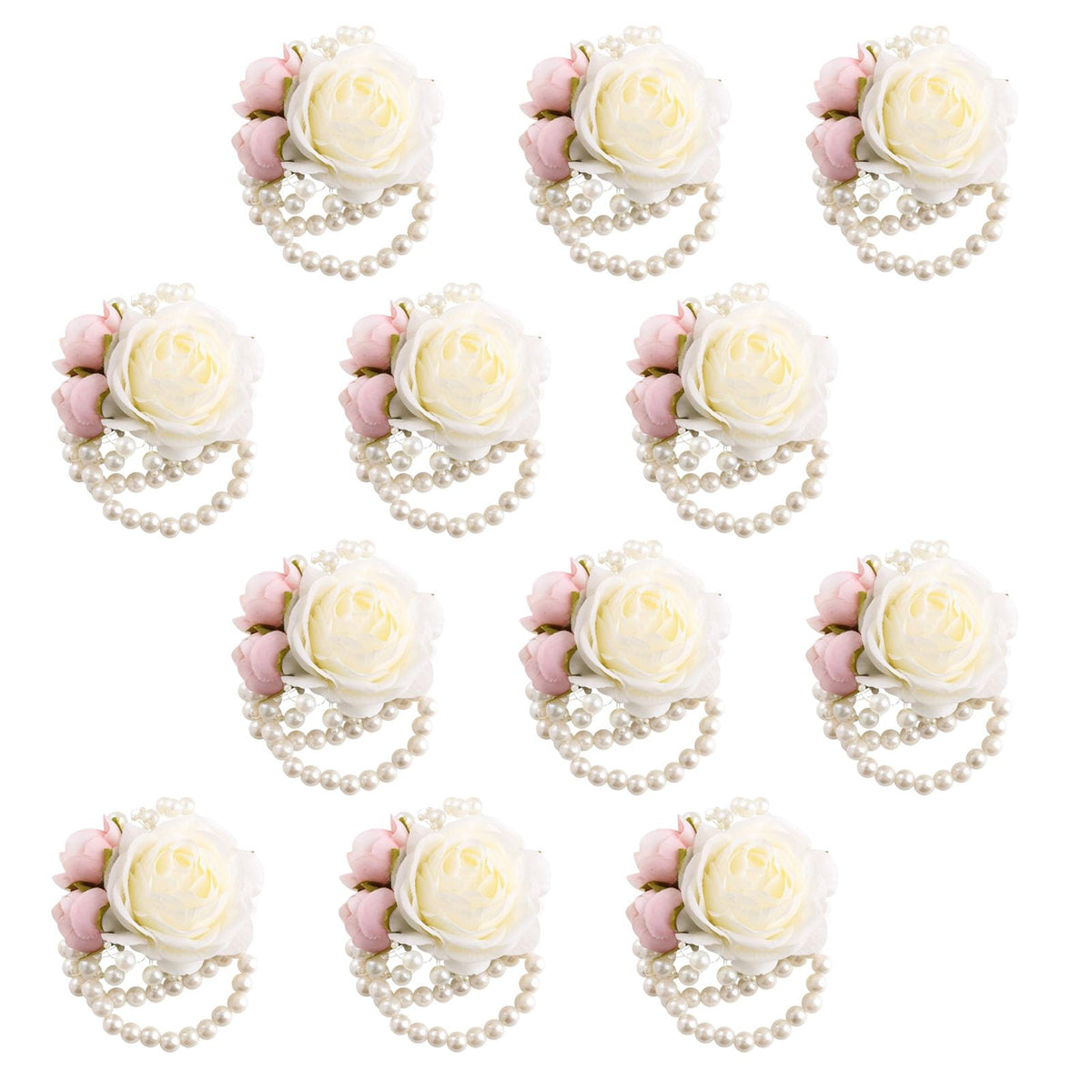 Wrist Corsages Set of 6 for Wedding Bridal Bride Bridesmaid Artificial Hand Flower Corsage Wristlet Band Homecoming Graduation Prom Party Ivory and Pink