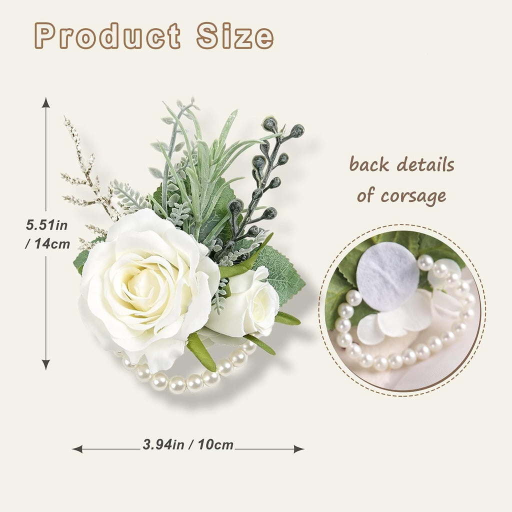 6Pcs Ivory White Faux Silk Rose Women Corsages Wristlet Wedding