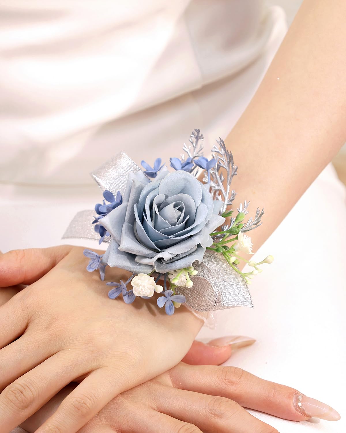 Bethynas Bridal Prom Rose Wrist Corsage Artificial Flower Pearl Wristlet Bridesmaid Hand Flower Bracelet Wristband for Wedding Ceremony Party (Pearl Flower - White)