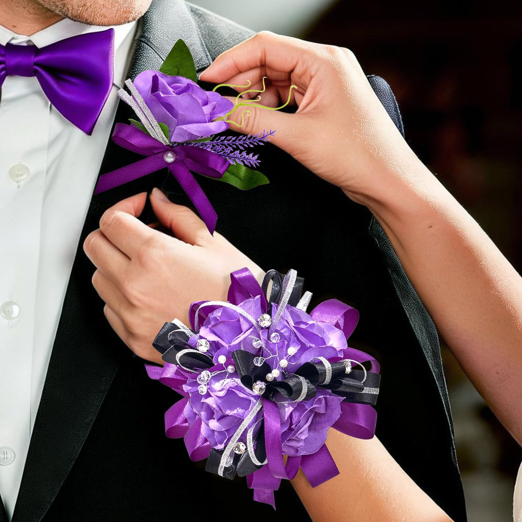 Red and Black Corsage and Boutonniere Set for Wedding Prom