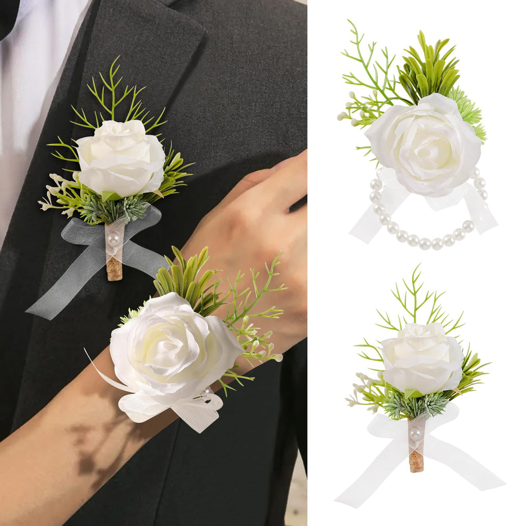 Garisey 2Pcs White Artificial Rose Boutonniere for Men Wedding Ceremony