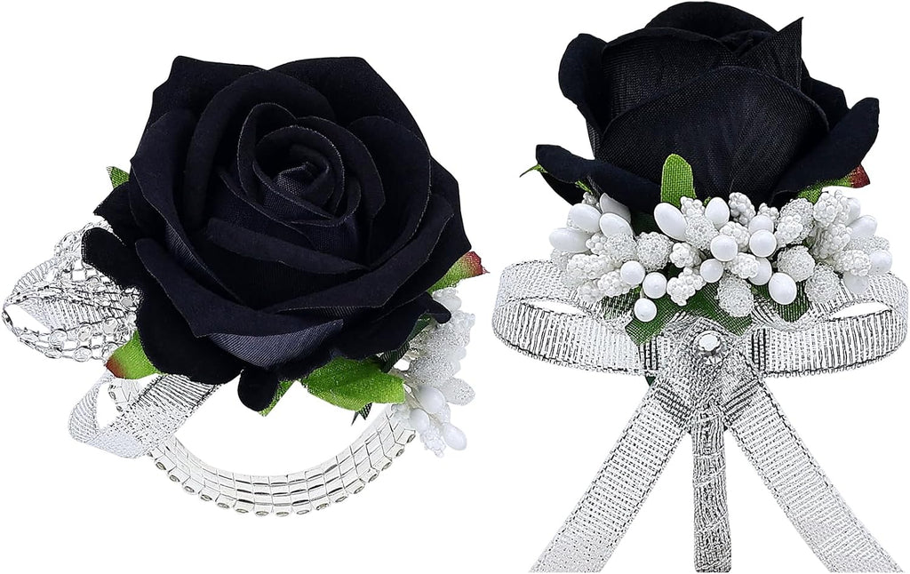 2Pcs Black Rose Corsage and Men Boutonniere Set Women Wristlet Band Wrist Bracelets, for Prom Wedding Ceremony Flowers Decorations and Homecoming Party Accessories