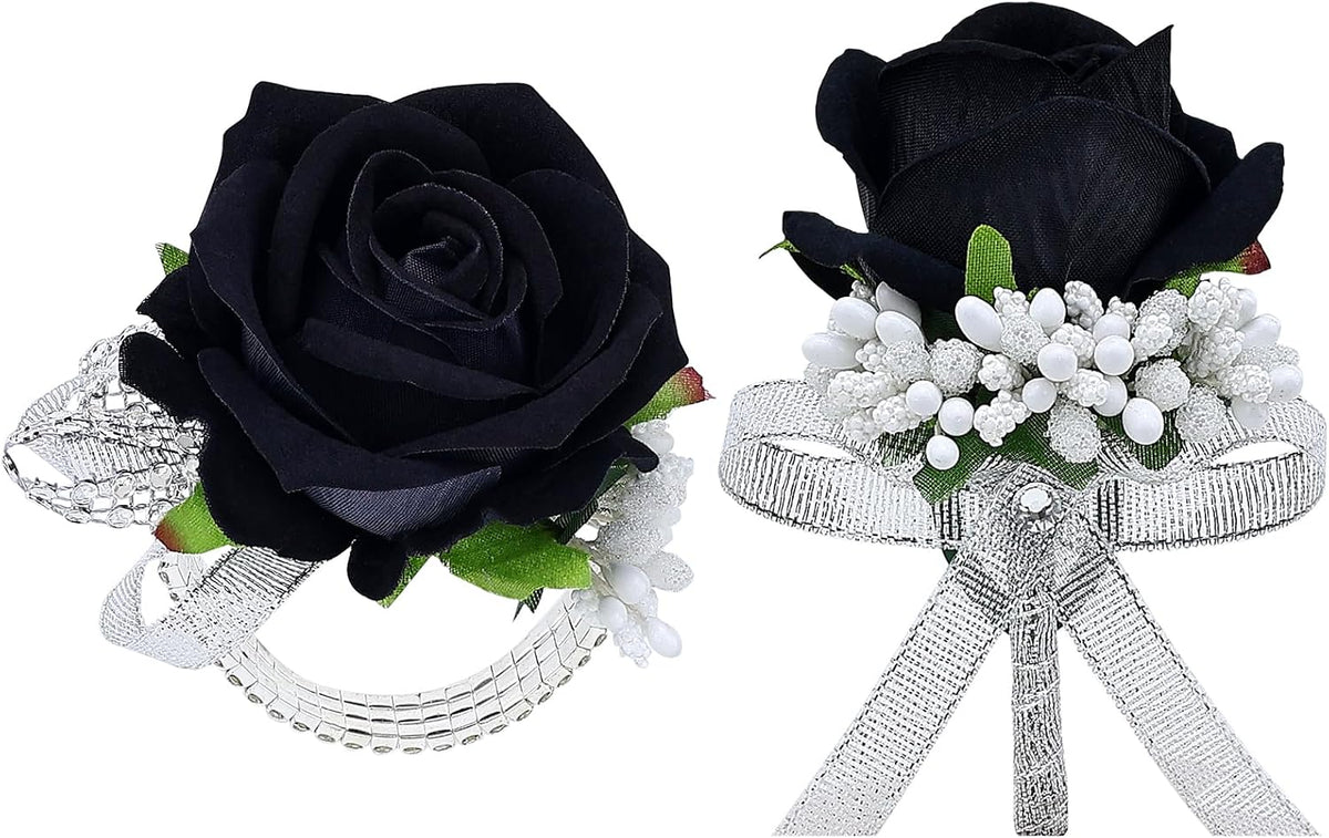 2Pcs Black Rose Corsage and Men Boutonniere Set Women Wristlet Band Wrist Bracelets, for Prom Wedding Ceremony Flowers Decorations and Homecoming Party Accessories