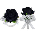 2Pcs Black Rose Corsage and Men Boutonniere Set Women Wristlet Band Wrist Bracelets, for Prom Wedding Ceremony Flowers Decorations and Homecoming Party Accessories